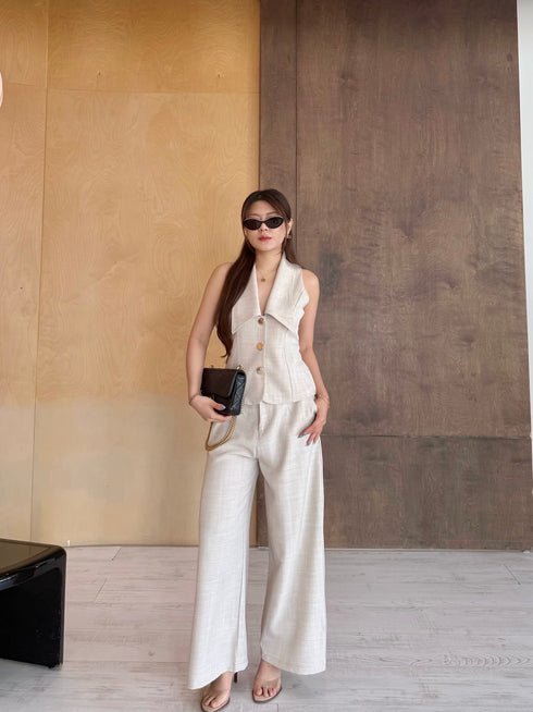 Two Piece Turn Down Collar Single Breasted Button Top with Trouser